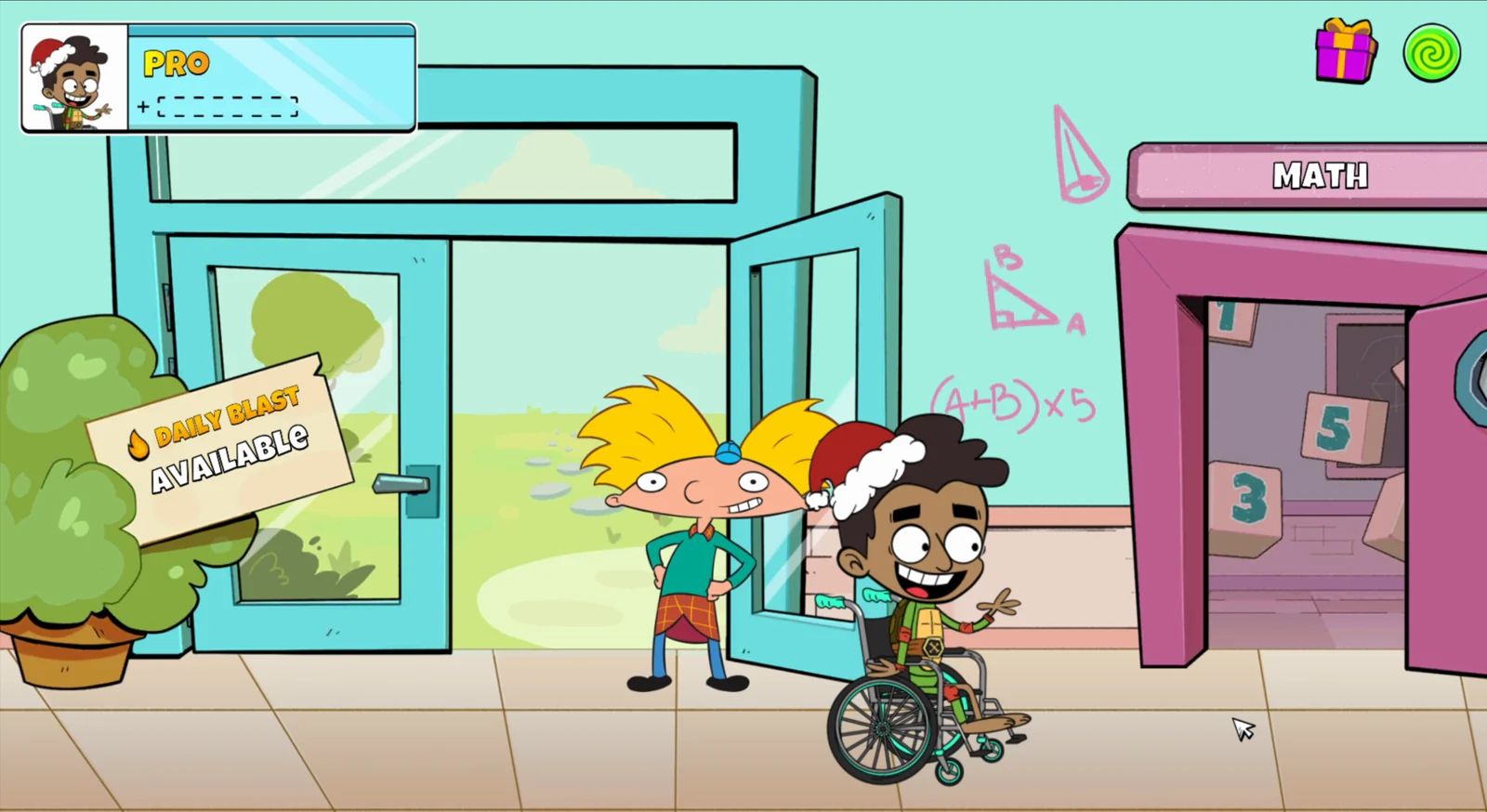NickAcademy: the hallway of subject doors with the Maths door